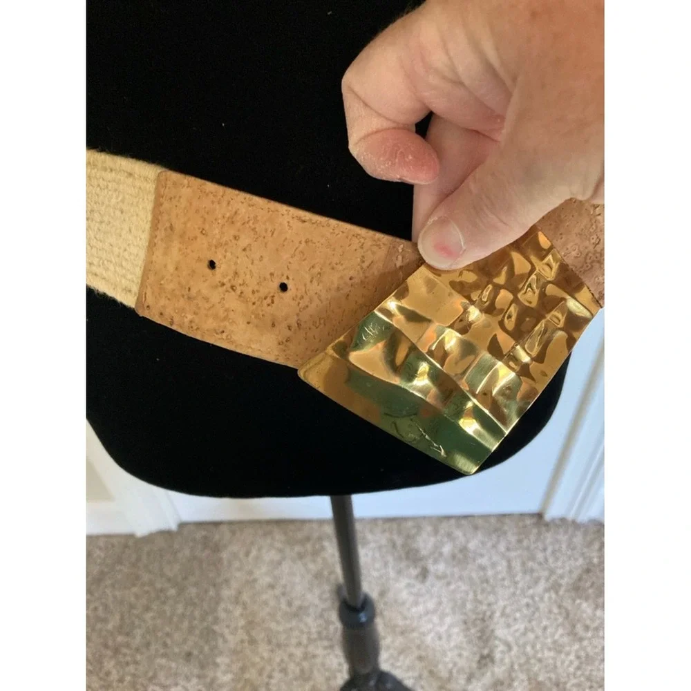 Vtg Leather Shop Neutral Belt Cork Texture Stretch Gold-Tone Buckle Retro S SM‎